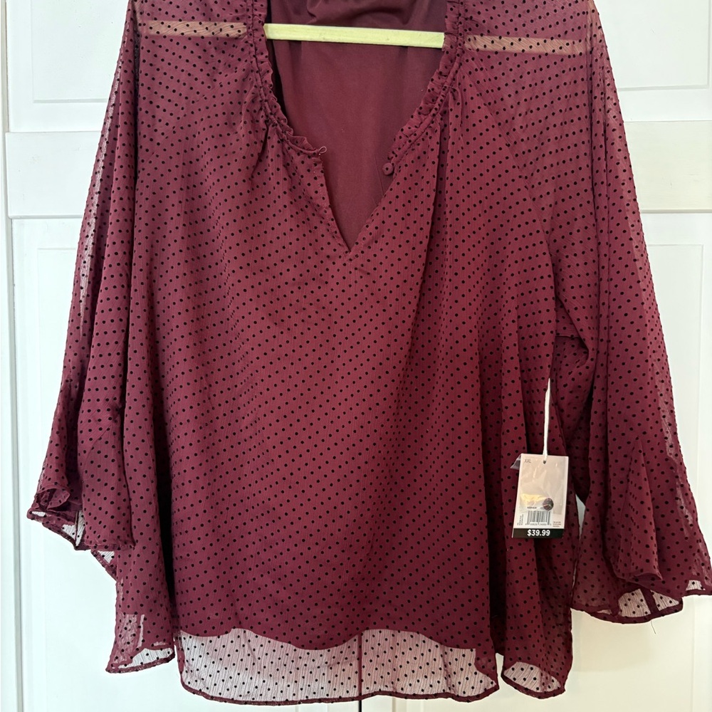 LC Lauren Conrad Burgundy Polka Dot Blouse